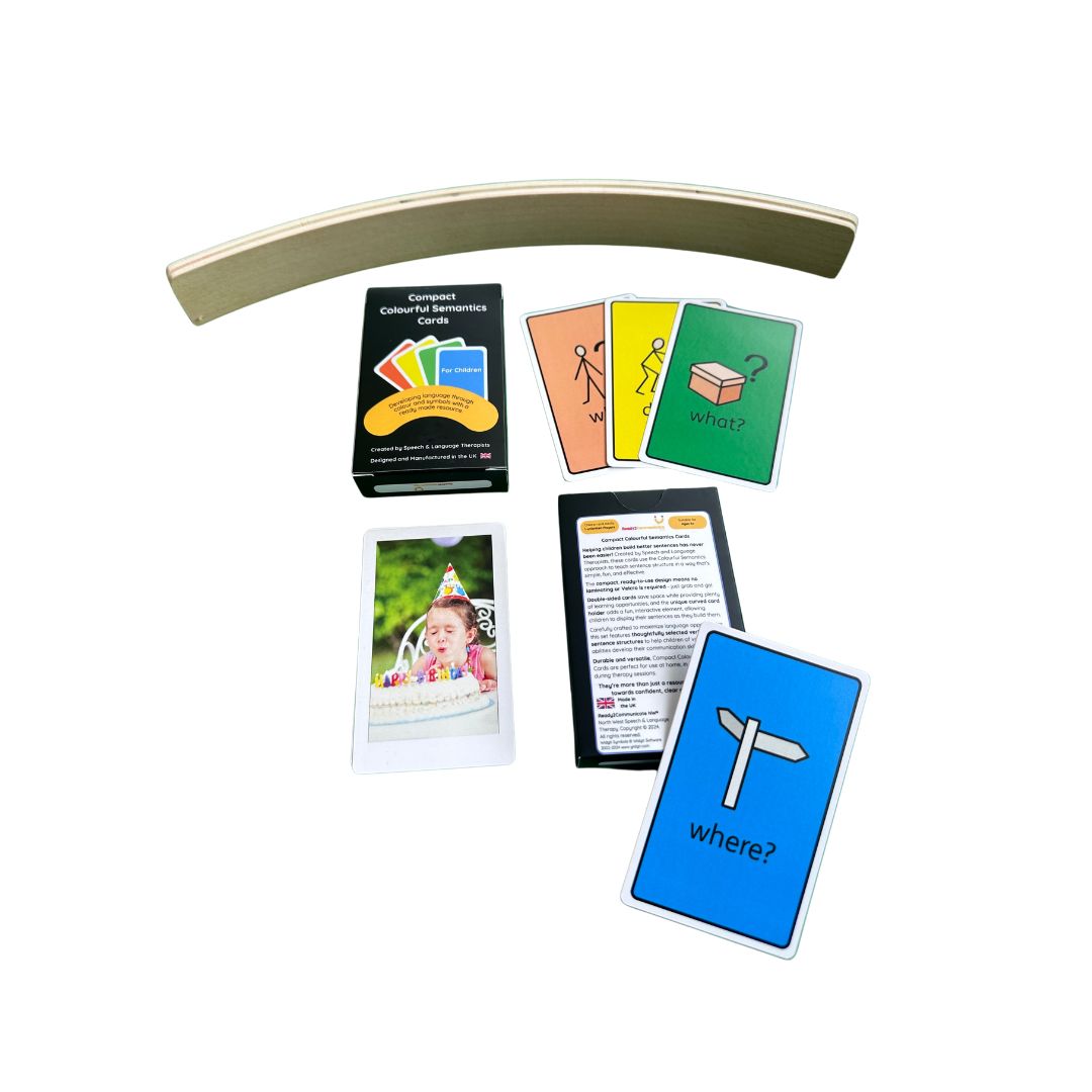 Front view of Compact Colourful Semantics Cards, a ready-to-use resource for language development.