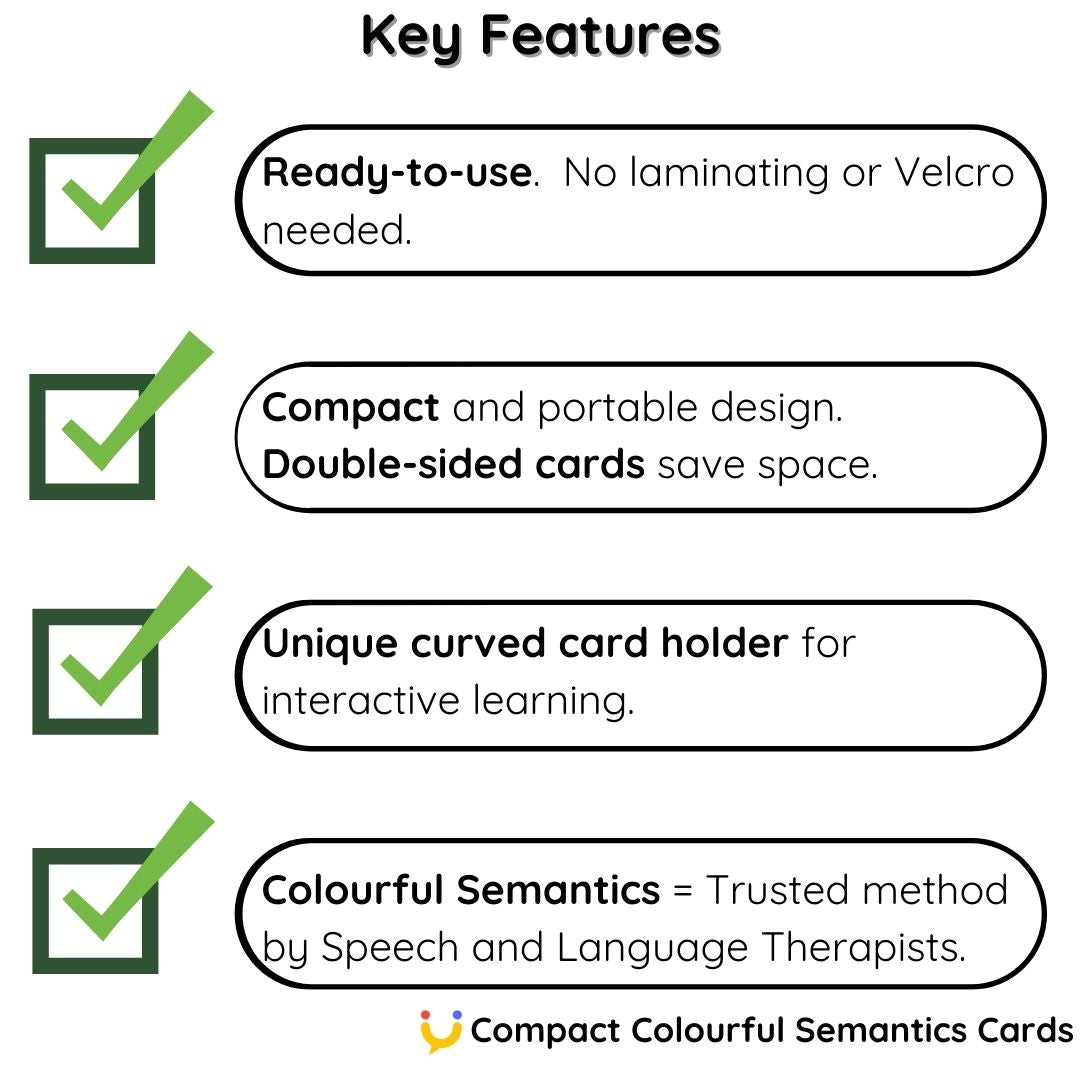 Compact Colourful Semantics Cards in a portable and travel-friendly design, perfect for on-the-go therapy sessions.