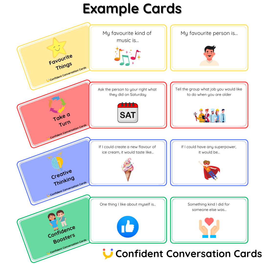 Close-up of Confident Conversation Cards, featuring vibrant designs and engaging conversation prompts