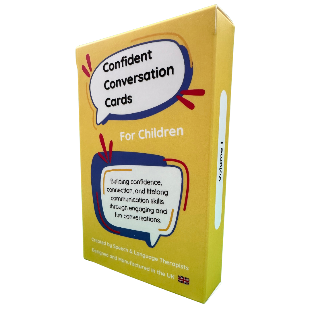 Front view of Confident Conversation Cards, showcasing bright and engaging card and box designs for conversation practice